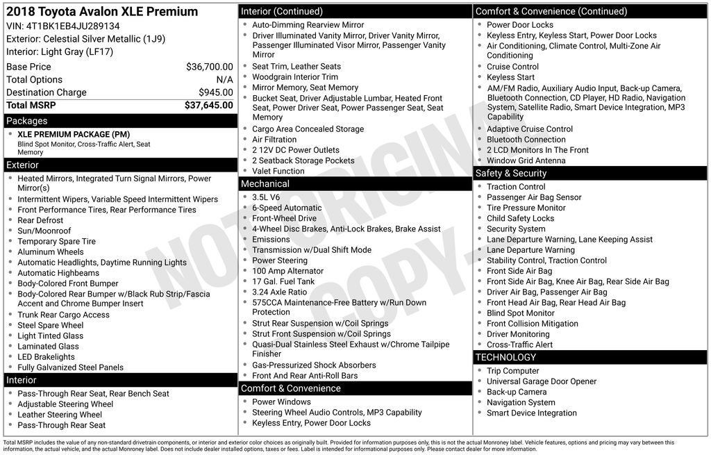 2018 Toyota AVALON XLE Premium