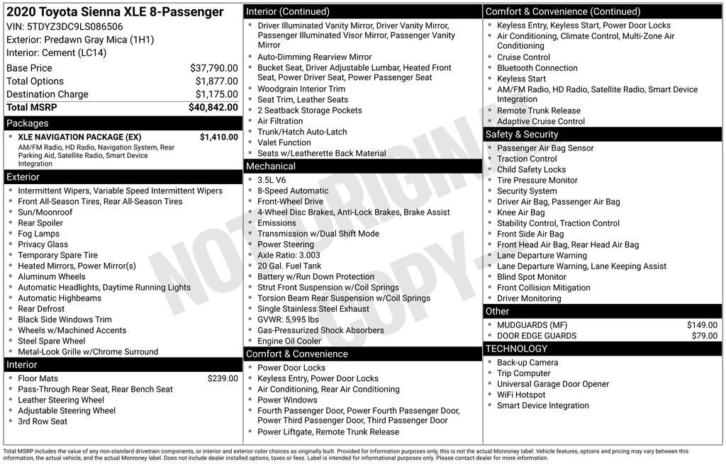 2020 Toyota SIENNA XLE 3.5L XLE 7 Passenger
