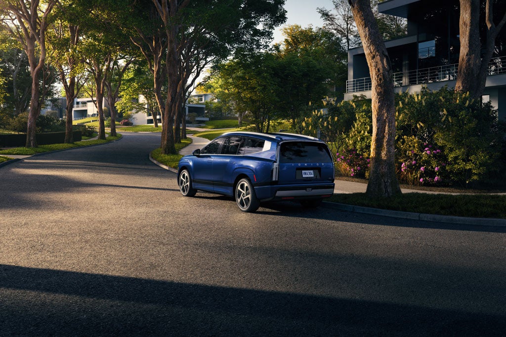 Rear view of a blue SUV parked on the right side of a winding road lined with trees and modern houses.